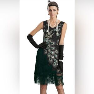 Elegant Black and Green Flapper Dress